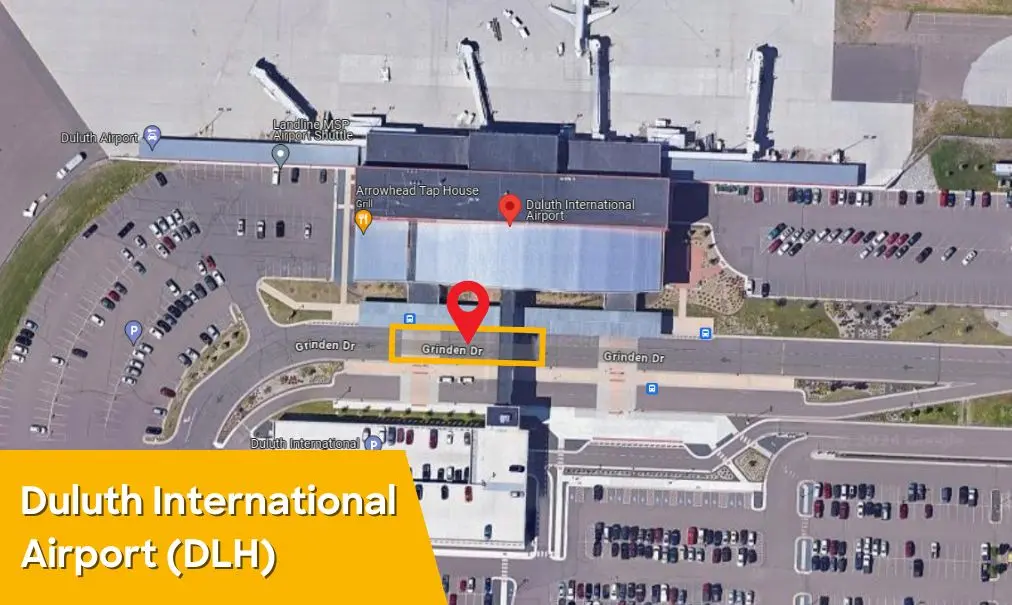 Satellite map of Duluth International Airport with the Landline pick-up marked on Grinden Drive, in front of the main terminal lobby.