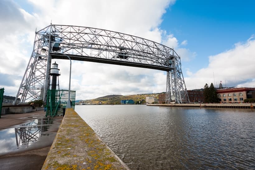 The Duluth waterfront and aerial lift bridge on Lake Superior.