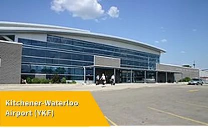 The main terminal building at Region of Waterloo International Airport, where Landline picks up.
