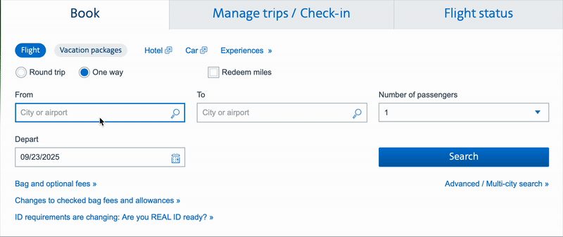 A recording of the aa.com booking form, with TTN entered as the origin and a destination being typed